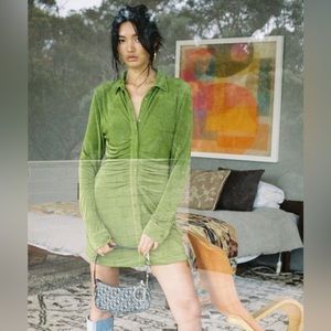 With Jean Andy Ruched Long Sleeve Button Front Mini Dress Forest Green XL